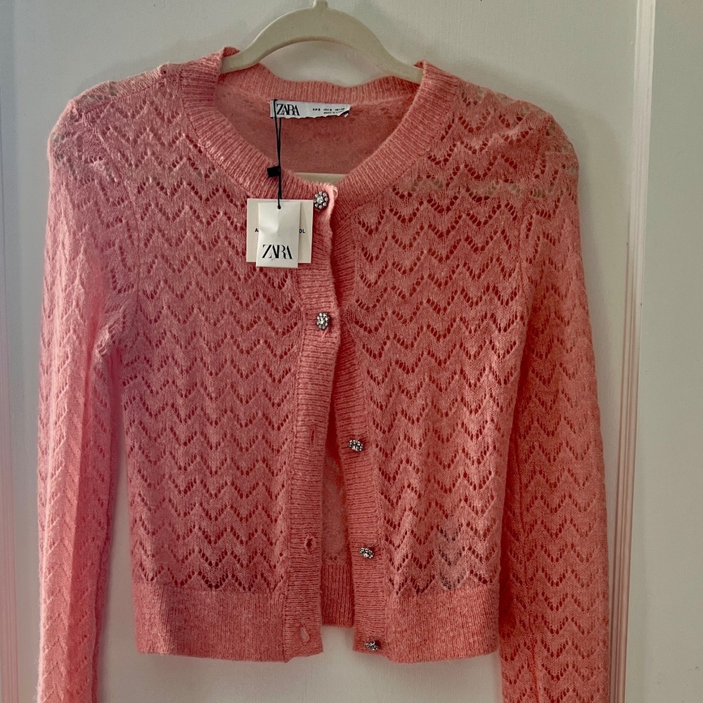 ZARA pink pointelle knit cardigan with rhinestone buttons. Size S. NWT